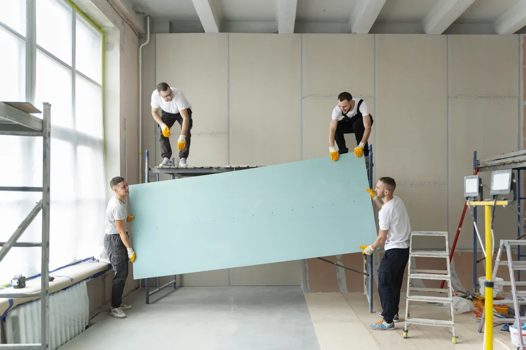 Drywall crew lifting a sheet of drywall into place on a new wall